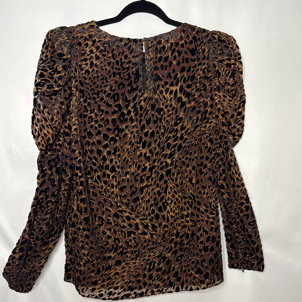 Elie Tahari Blouse Noelle Brown Leopard print Velvet puff Sleeves Size M - Picture 8 of 10